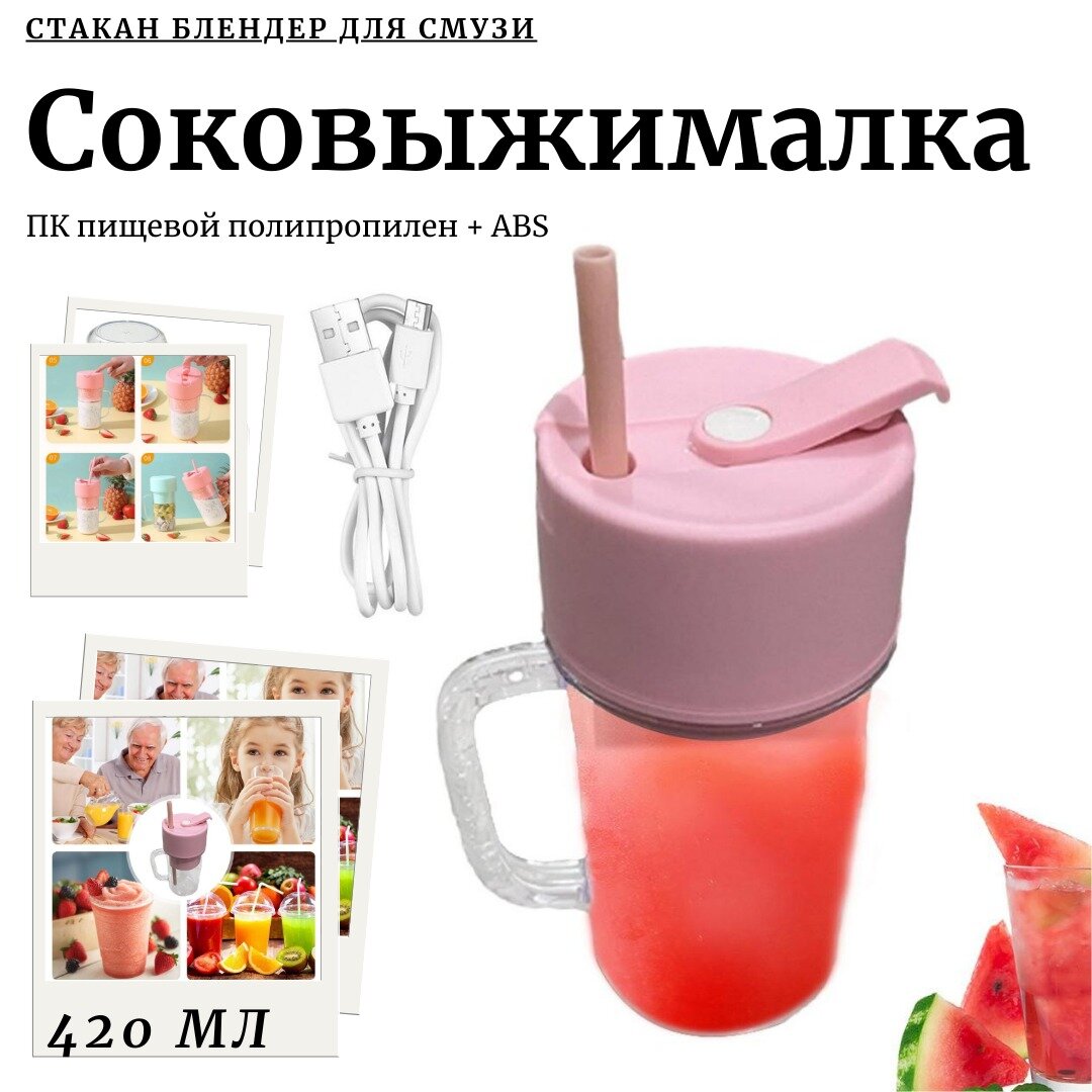 фото Блендер для смузи / Соковыжималка электрическая ручная / Стакан блендер для коктейлей портативный / синий