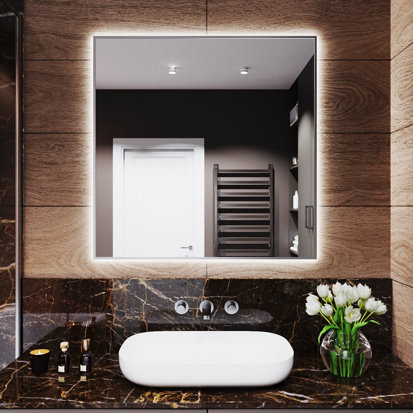 Зеркало с подсветкой в алюминиевой раме настенное Market-house 90х90 см. Свет: Нейтральный Белый 6000К. Серебро