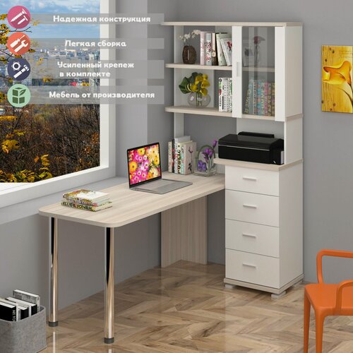 Изображение товара Стол компьютерный Мэрдэс СР-220/170 БЕК Белый/Карамель, угловой, 170х109.5х193 см, с полками, с ящиками
