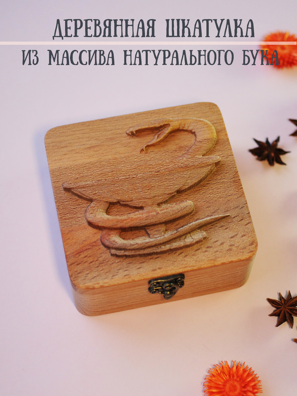 Деревянная шкатулка Riform для украшений с резьбой "Змея Чаша Гиппократа", бук, 12см