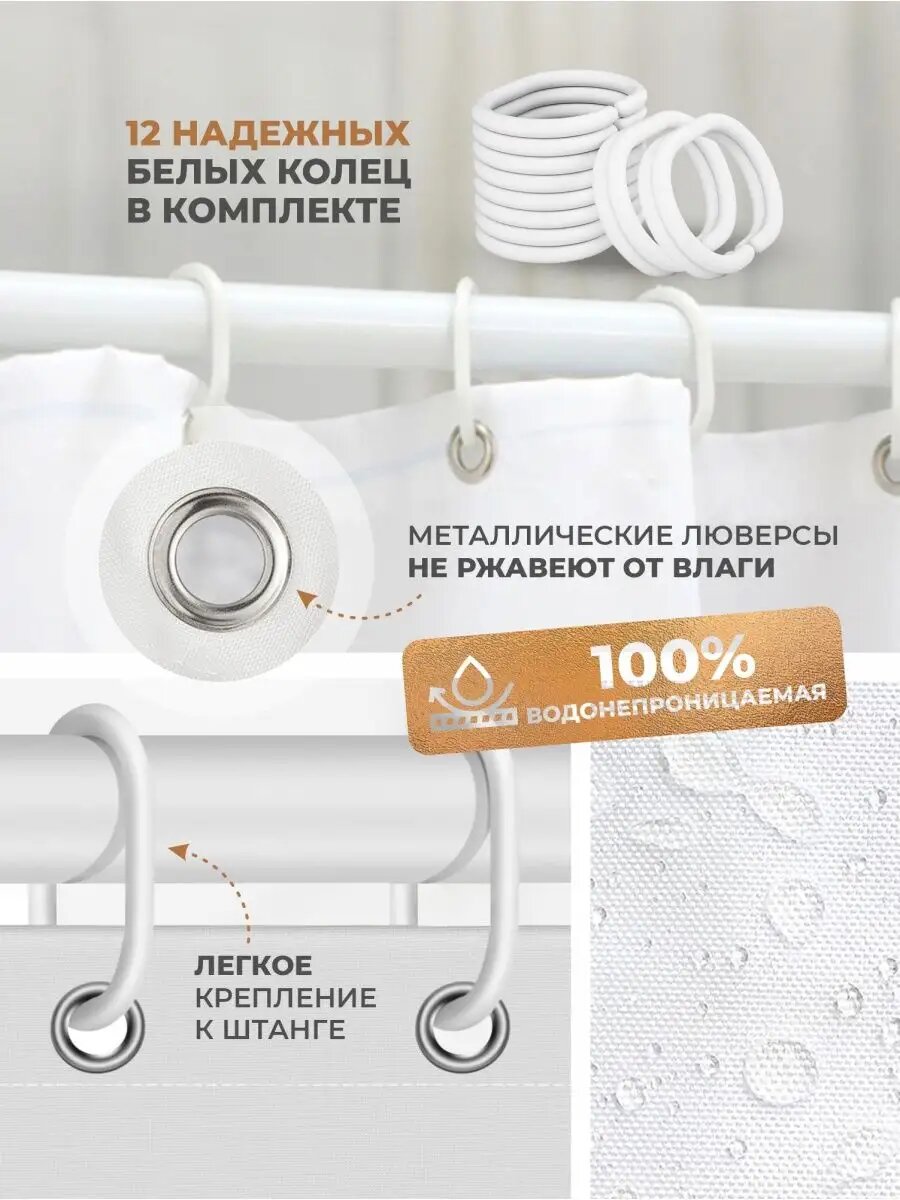 Штора для ванной тканевая 180х180 см с кольцами SeaRoom, штора для душа водоотталкивающая — фото 1
