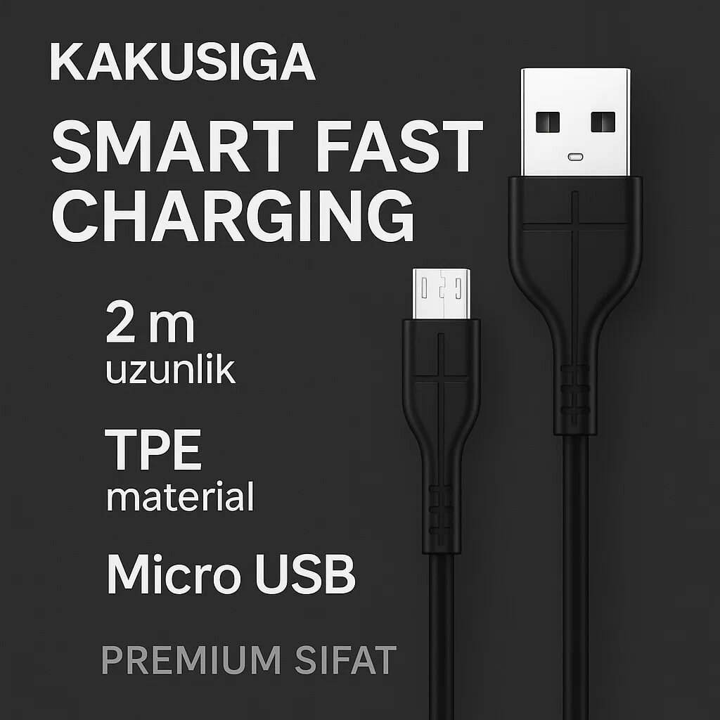 Кабель Kakusiga, 2м, чёрный, Micro USB, передача данных, Smart Fast Charging — фото 1