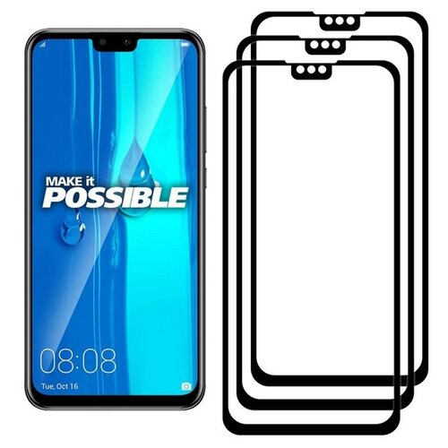 Комплект 2 стекла + 1 в подарок Full Glue Premium Krutoff для Huawei Y9 2019/Y8S черное