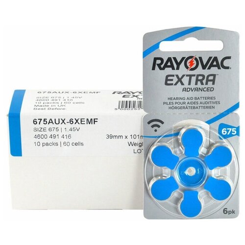 Батарейки Rayovac Extra 675 (PR44) для слуховых аппаратов, упаковка (60 батареек).