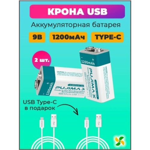 Аккумулятор Крона PUJIMAX 9В 1200мАч 6F22 Li-Ion со встроенной зарядкой USB + кабель Type-C (Комплект 2шт.)