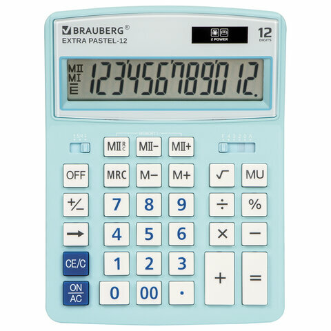 Калькулятор настольный BRAUBERG EXTRA PASTEL-12-LB (206x155 мм), 12 разрядов, двойное питание, голубой, 250486
