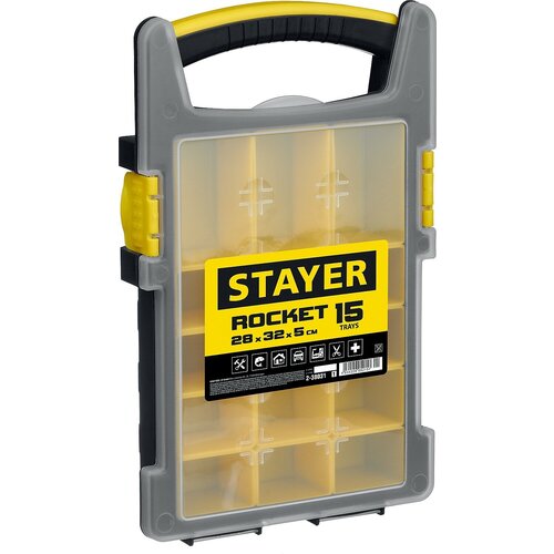 STAYER ROCKET-15, 280 x 320 x 50 мм, (11″), пластиковый органайзер с 15 съемными лотками (2-38031)