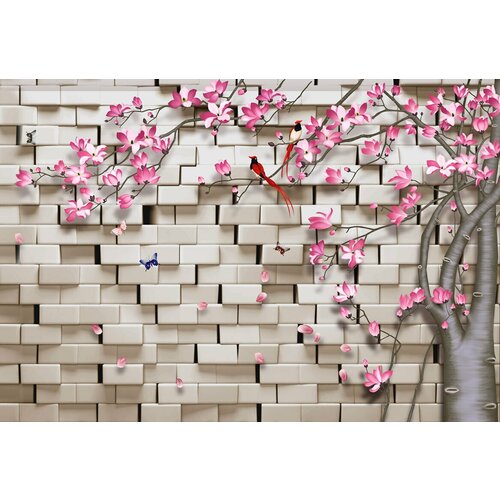 Моющиеся виниловые фотообои GrandPiK Стена из белого кирпича и сакура, 420х290 см
