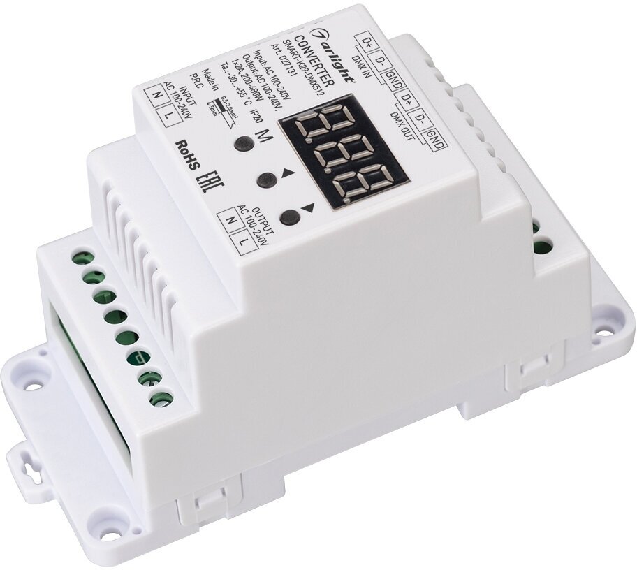 Конвертер SMART-K29-DMX512 (230V, 1x2A, TRIAC, DIN) (Arlight, IP20 Пластик, 5 лет) Артикул 027131