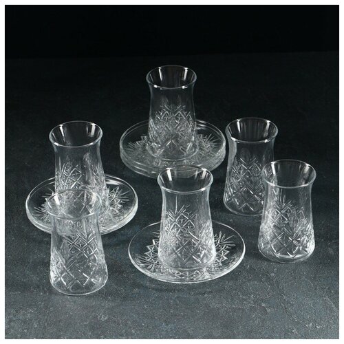 Paşabahçe Набор чайный из стекла, 12 предметов: 6 стаканов 160 мл, 6 блюдец d=12,3 см