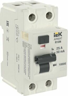 Выключатель дифференциального тока (УЗО) 2п 25А 30мА тип A ВДТ R10N ARMAT | код AR-R10N-2-025A030 | IEK (1 шт.)