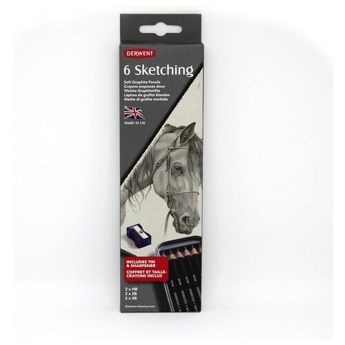 карандаши чернографитные derwent academy sketching hang pack 6 штук 2h 3b 2300086 Набор чернографитовых карандашей Derwent Sketching 6 шт. с точилкой в металлической упаковке