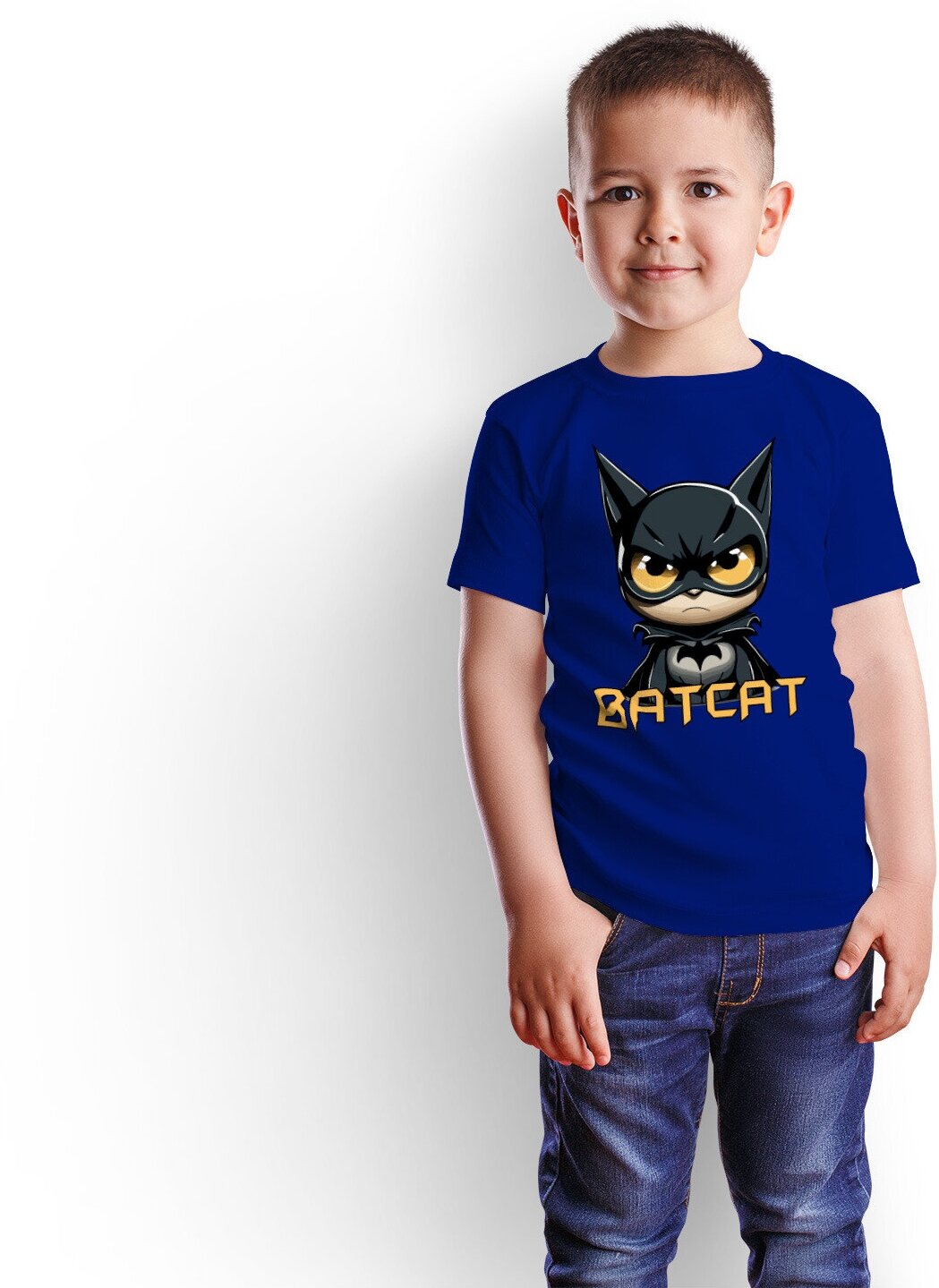 Детская футболка «Кот Бэтмен, Batman, cat, Batcat, комикс, DC» (116, синий) - фотография № 2