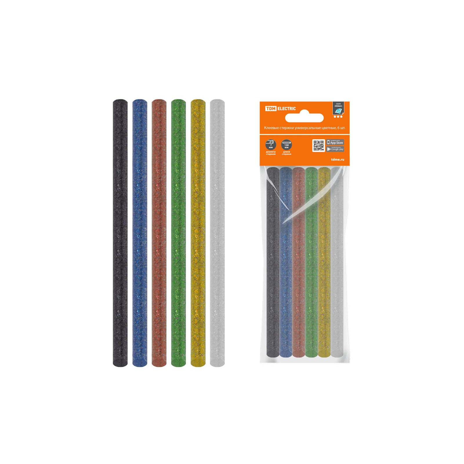 Клеевые стержни универсальные цветные с блестками, 11 мм x 100 мм, набор 6 шт, "Алмаз", TDM SQ1024-0519 (1 упак)