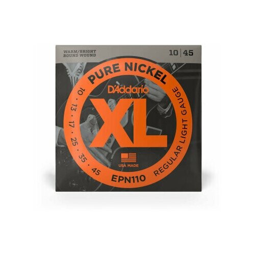 EPN110 XL Pure Nickel Комплект струн для электрогитары, никель, Regular Light 10-45, D'Addario 100 gram pure nickel pellet