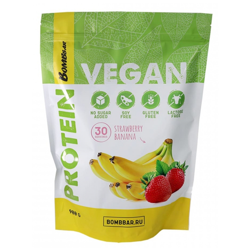 Протеин BOMBBAR VEGAN Protein, 900 гр., клубнично-банановый смузи кекс bombbar vegan 60 г банановый торт с клубникой