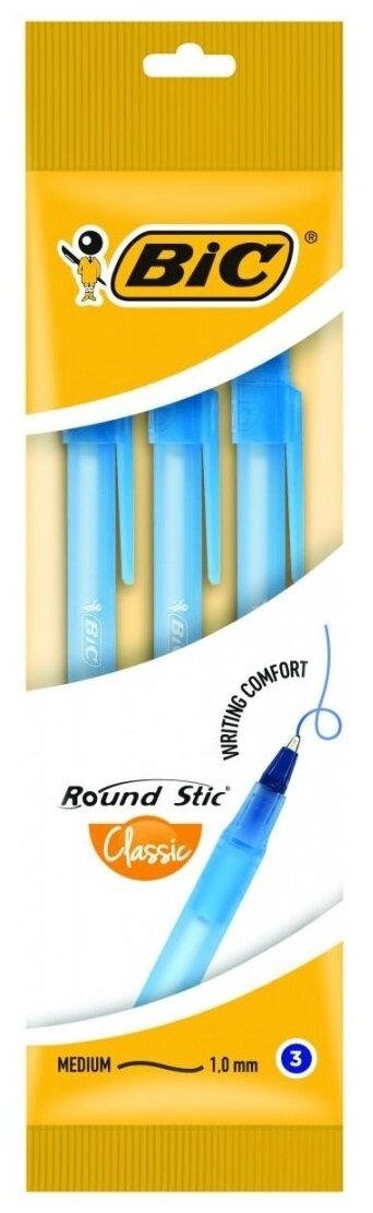 Ручки шариковые BIC "Round Stic", набор 3 шт., синие, узел 1 мм, линия письма 0,32 мм, пакет, 9021522