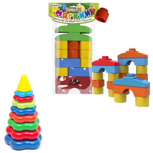 Набор с элементами конструктора Биплант Кнопик 11125-40-0045 + пирамида большая, 14 дет. развивающие игрушки для малышей конструктор кноп кнопыч 46 крупных деталей игрушка сортер кубик логический малый