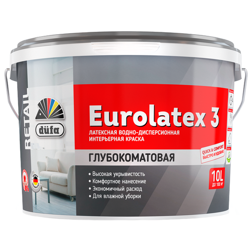 Краска акриловая Dufa Retail Eurolatex 3 глубокоматовая белый 10 л 10 кг краска акриловая dufa superweiss plus для детской влагостойкая моющаяся глубокоматовая белый 10 л