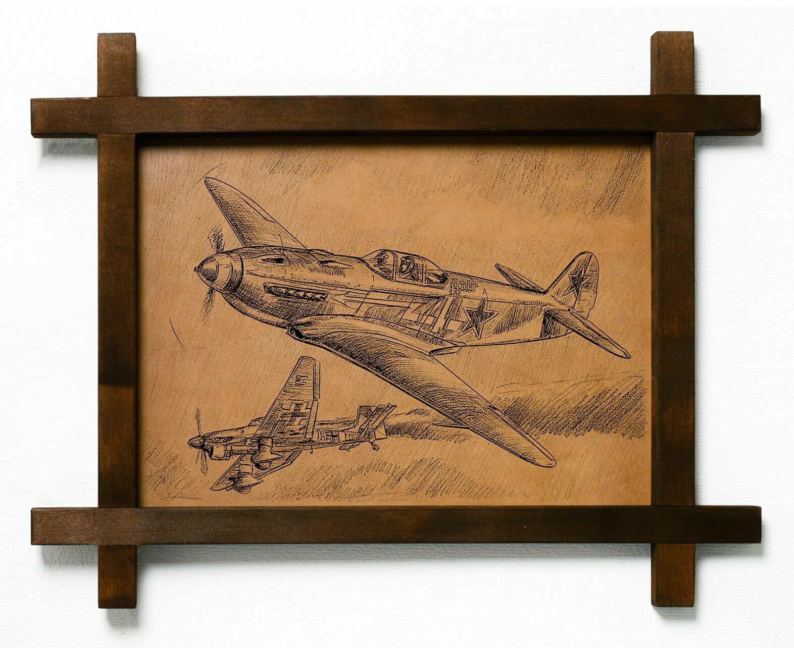 Картина Воздушный бой, интерьерная для украшения и декора на стену в деревянной раме, подарок, натуральная кожа, BoomGift