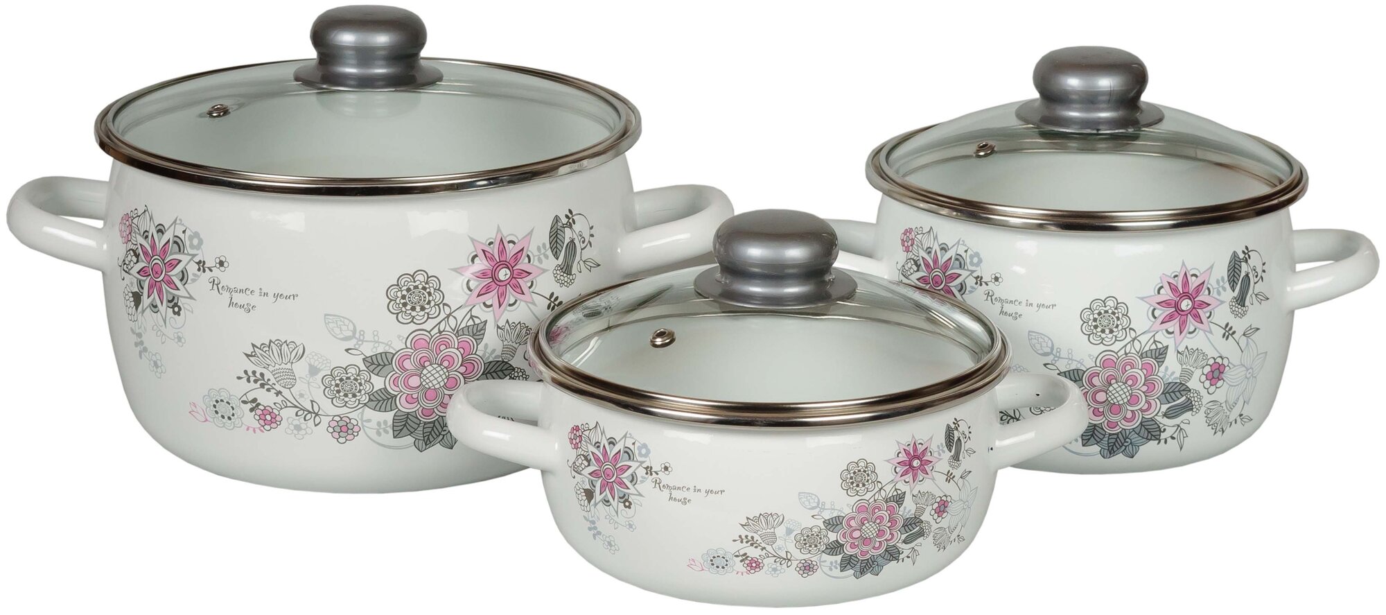 Набор кастрюль эмалиров   07  весенний романс  белосн   1 5   2   4 Л   стальэмаль  1KA071S