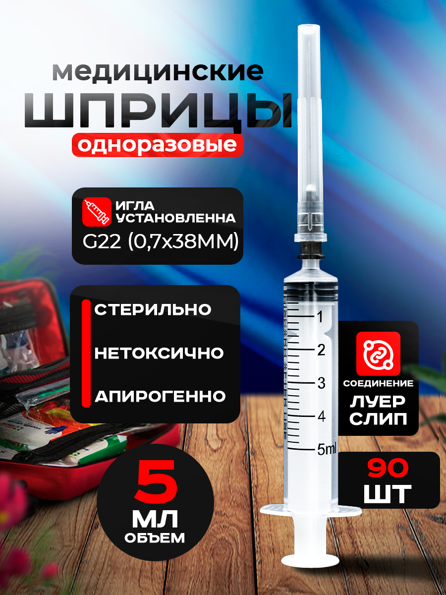 Шприц медицинский Tian Yu 5 мл одноразовый G22 90 шт