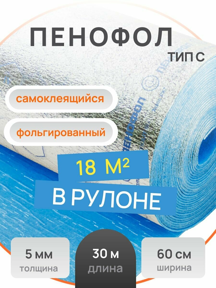 Утеплитель пенофол 2000 ТИП С5 Длина 30 м Ширина 60 см Толщина 5 мм вспененный фольгированный самоклеящийся рулон для дачи бани сауны