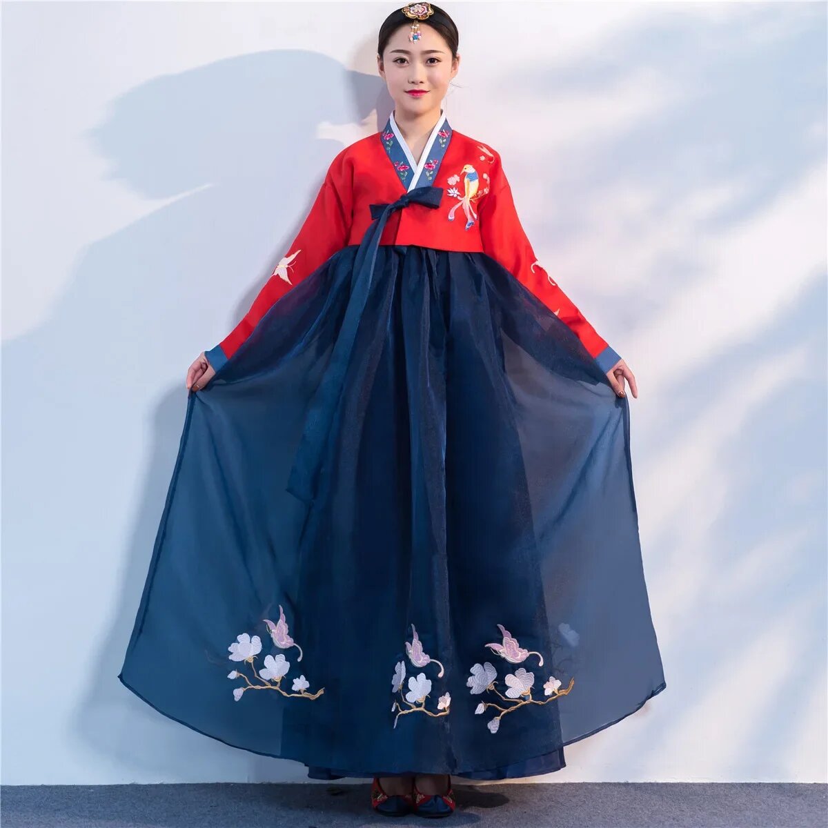 Традиционный Женский традиционный костюм православной Hanbok, корейское платье, элегантный дворцовый костюм принцессы, Корейская вышивка, Свадебная вечеринка, M, Темно-синий, Женский