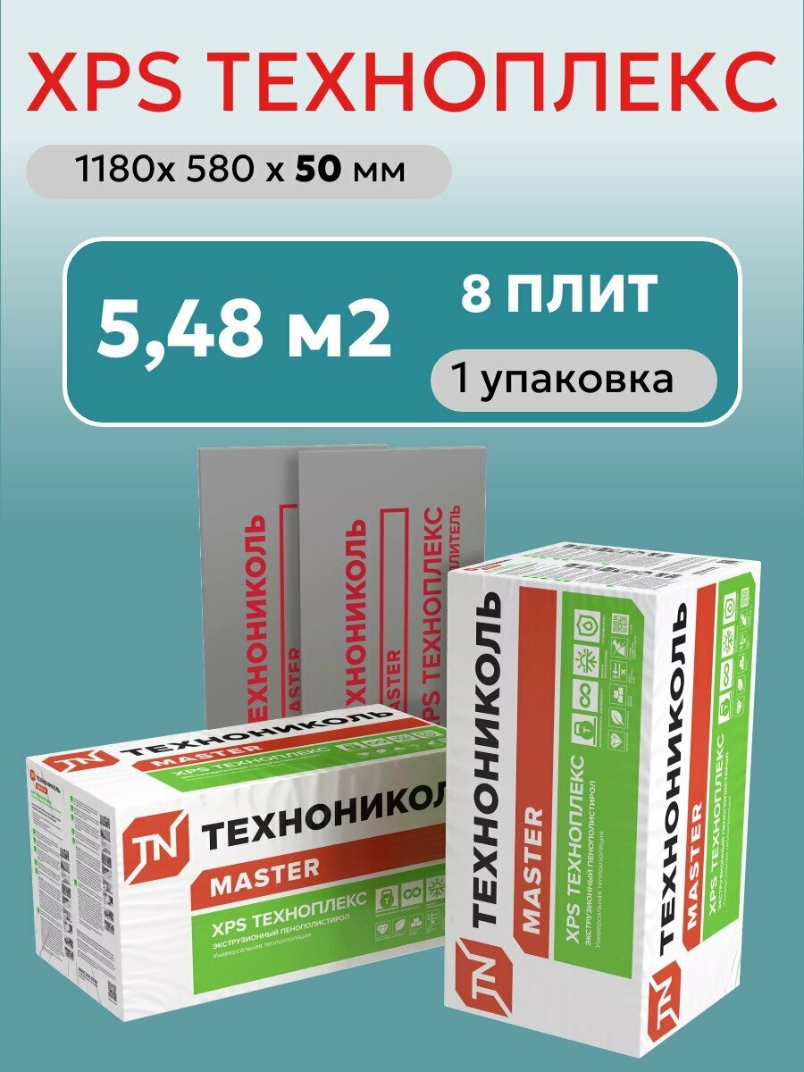 ТЕХНОНИКОЛЬ Техноплекс 50 мм (1 упаковка/ 8 листов/ 5,48 м2), Утеплитель из пенополистирола для фасада, стен, крыши, пола (XPS)