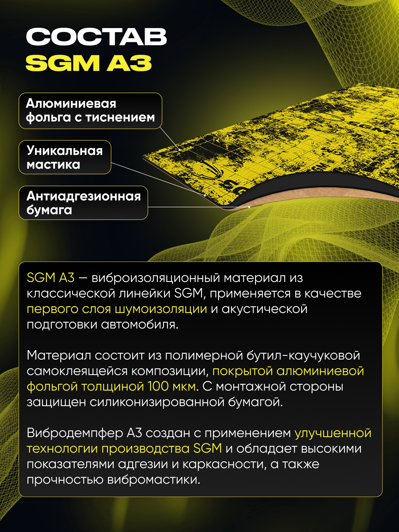 Шумоизоляция для автомобиля SGM А3, 1 лист/Виброизоляция /Комплект звукоизоляции: шумка для авто/вибродемпфер/теплоизоляция капота — фото 1