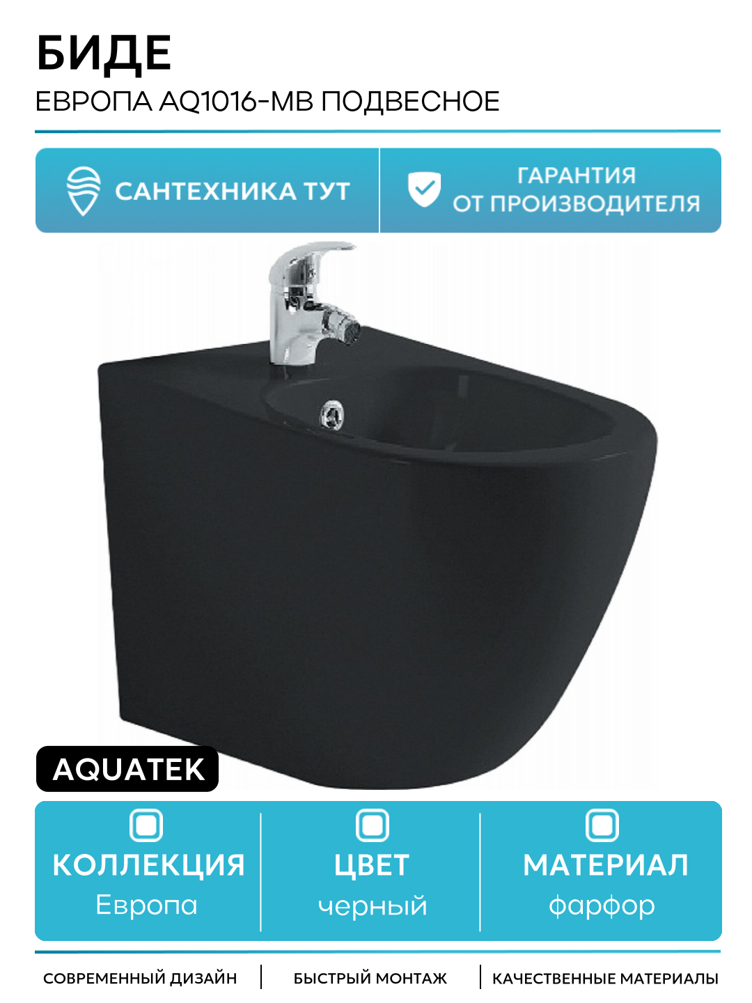 Биде Aquatek Европа AQ1016-MB подвесное Черное матовое фарфор подвесной Россия