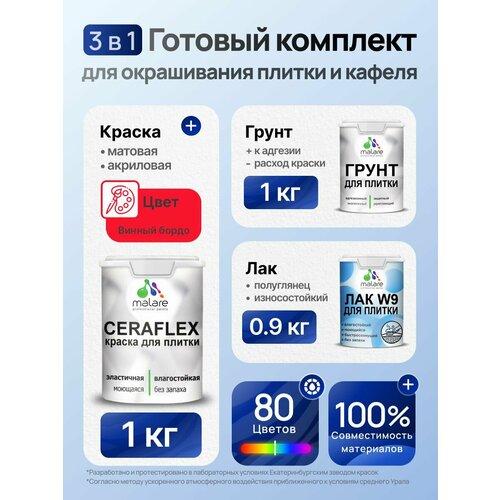 фото Комплект malare для окрашивания плитки и кафеля (1кг грунт + 1кг краска + 0,9кг лак), без запаха, полуглянцевый, цвет винный бордо
