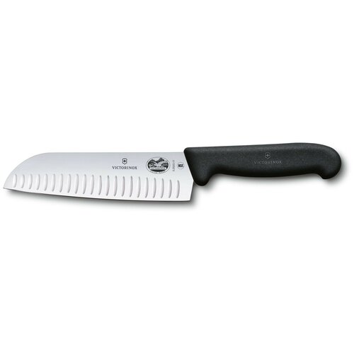 фото Нож кухонный victorinox fibrox (5.2523.17) стальной сантоку santoku лезвие 170 мм (17 см) прямая заточка черный