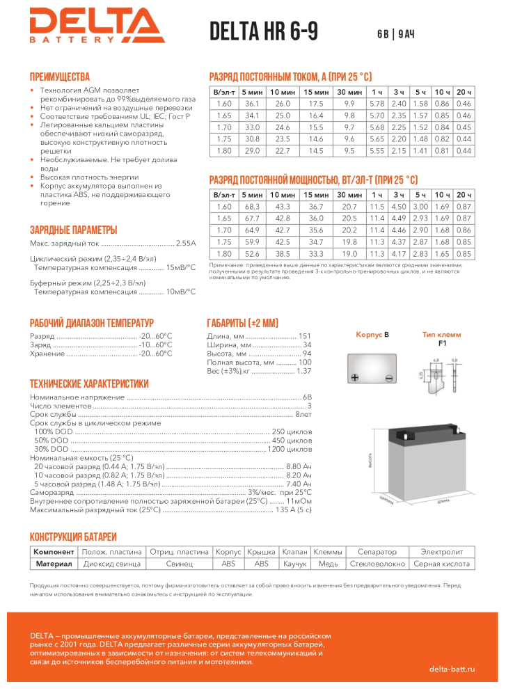 Батарея Delta HR 6-9 9Ач 6B