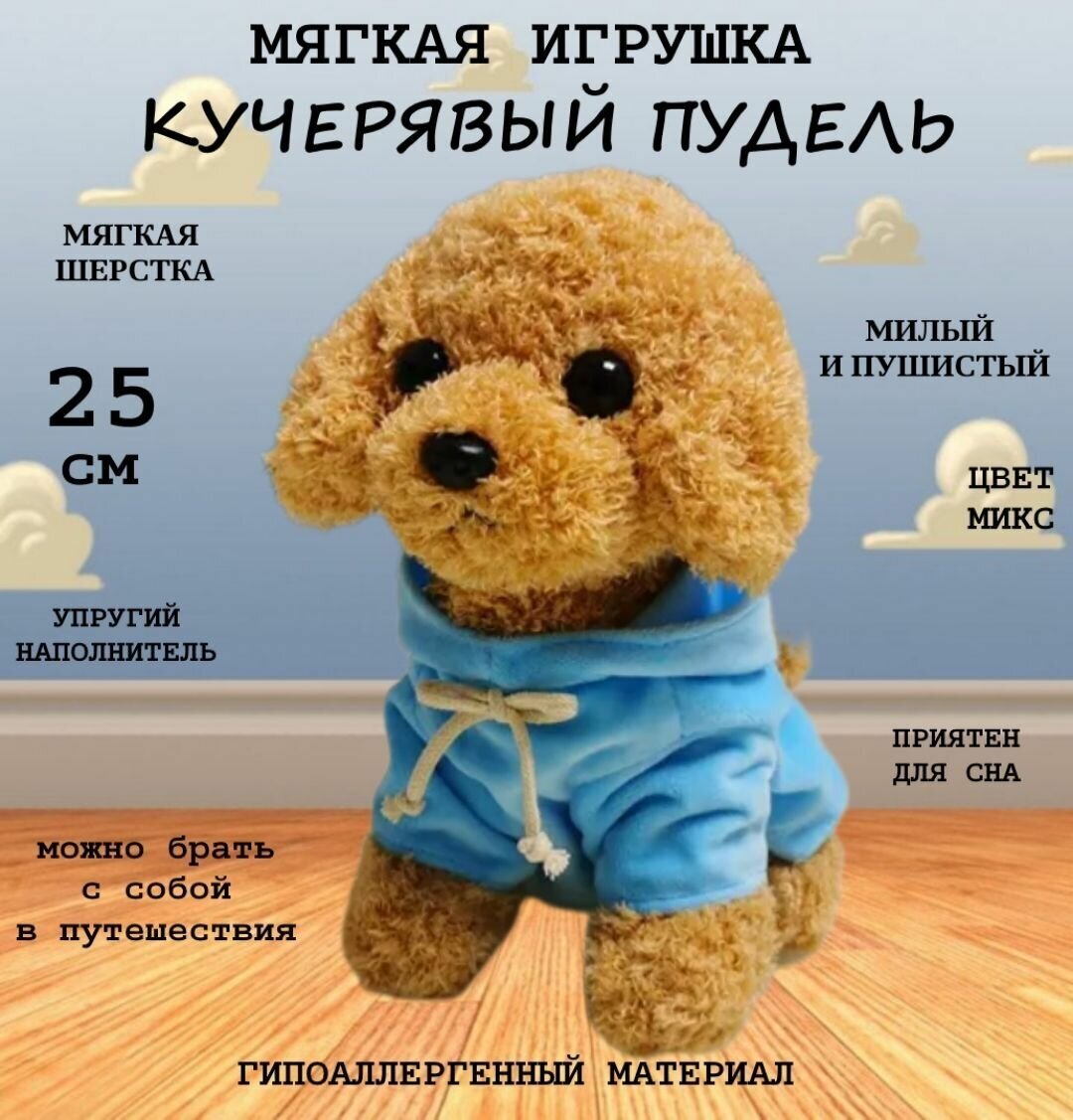 Коричневый пудель в голубой кофте 25 см Сад 5-81 / мягкая игрушка щенок в толстовке / антистресс