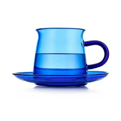 Чайная пара из жаропрочного стекла синего цвета, 200 мл