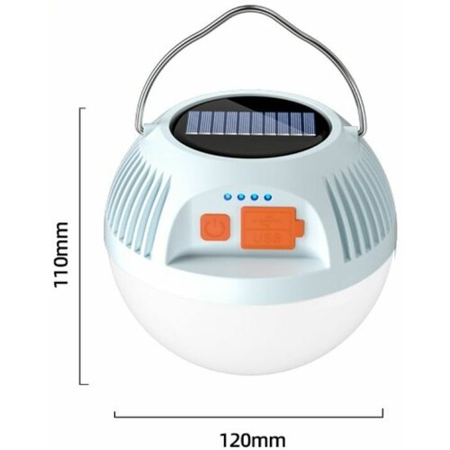 Фонарь кемпинговый, фонарь подвесной, солнечная батарея, индикатор питания, зарядка от USB, Type-C, голубой