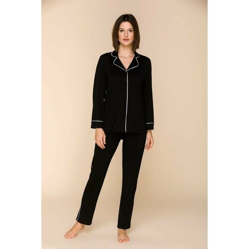 Пижама Lunaretta, брюки, рубашка, застежка пуговицы, длинный рукав, размер XL, черный