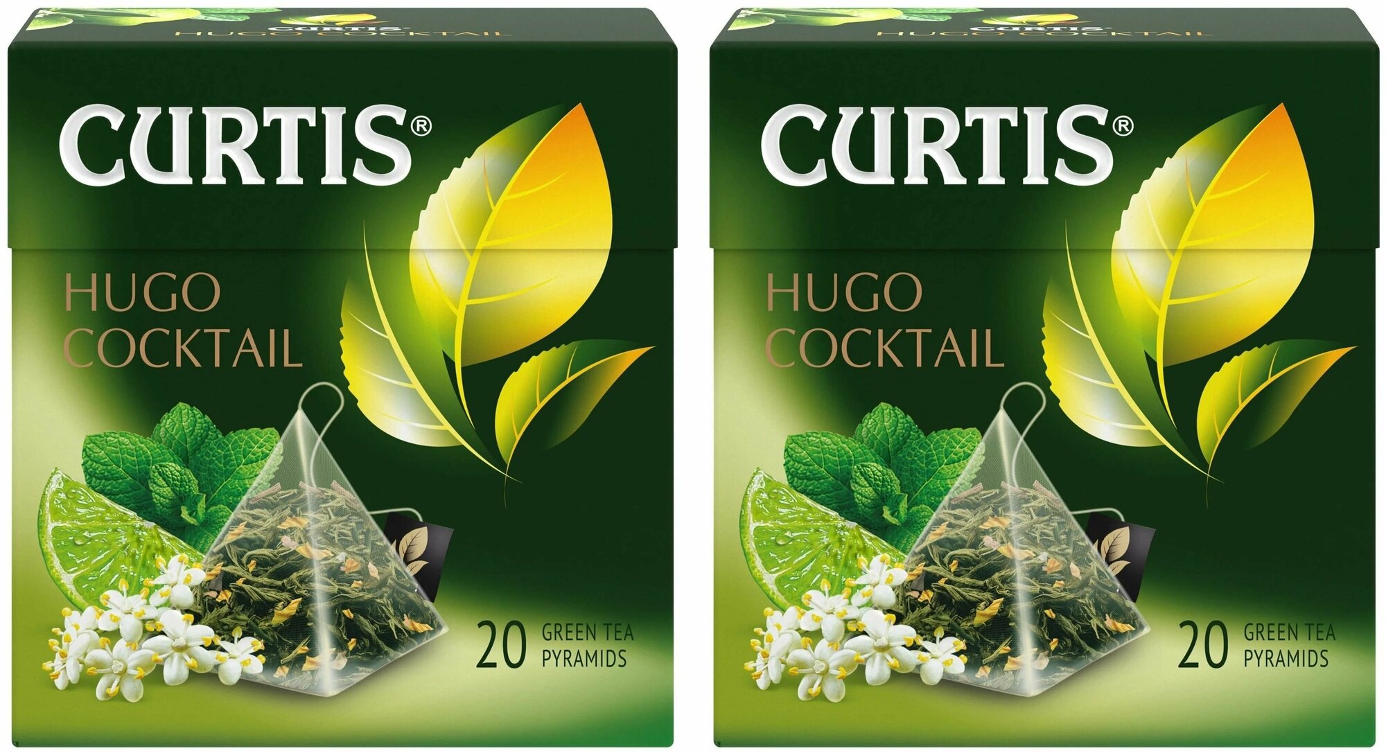 Чай в пирамидках, "Curtis Hugo Cocktail", зелёный, ароматизированный, средний лист, (20 пакетиков по 1.8г) 2 упаковки