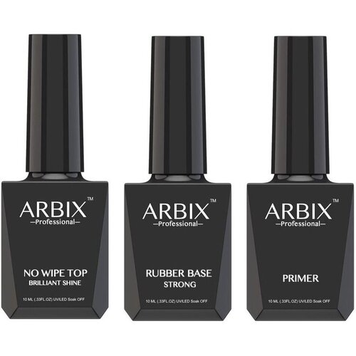 arbix верхнее покрытие top brilliant shine прозрачный 10 мл Arbix Набор для маникюра No Wipe Top Brilliant Shine + Rubber Base Strong + Primer, прозрачный, 10 мл