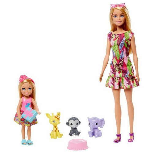 Купить Игровой набор Mattel Barbie кукла Барби и Челси с питомцами жираф, слон и обезьянка, Куклы и пупсы
