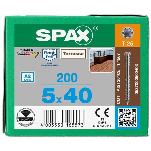 Spax-D для террасной доски 5*40 мм 0537000500403 нержавейка А2 (200 шт), T-25 шуруп spax d для террасной доски 5 0 50мм 5000009080009 a2 850 шт сверло бита 12 крестиков