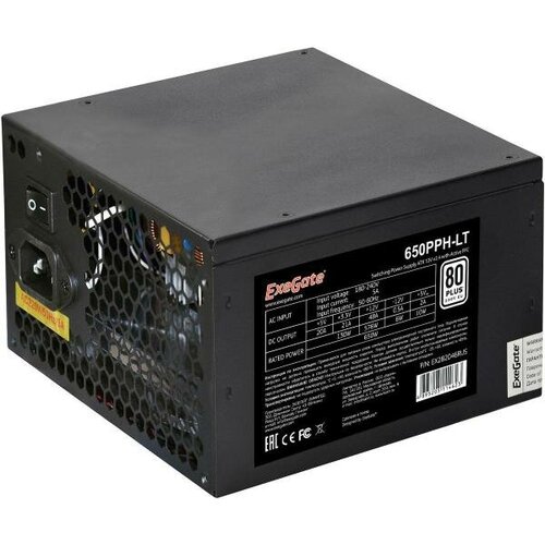 Exegate EX282046RUS-S Блок питания 650W ExeGate 650PPH-LT-S, RTL, 80+, ATX, black, APFC, 12cm, 24p, (4+4)p, 5*SATA, 3*IDE, с защитой от выдерг блок питания exegate atx xp650 650w с защитой от выдергивания черный