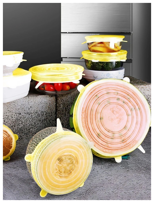 Силиконовые растягивающиеся крышки для посуды, набор 6 шт (желтые) - фотография № 2