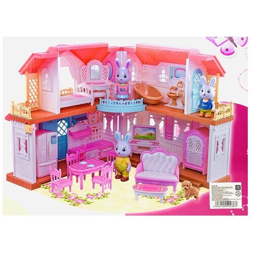 фото Кукольный домик deluxe playhouse 16838 sfl, двухэтажный, с набором мебели, с семьей зайчиков, с питомцем, сигнал звонка, подсветка, 67.5х34х17см