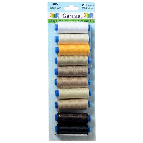 Gamma Набор швейных нитей №10 40/2 200 ярдов, разноцветный 183 м х 10 шт.