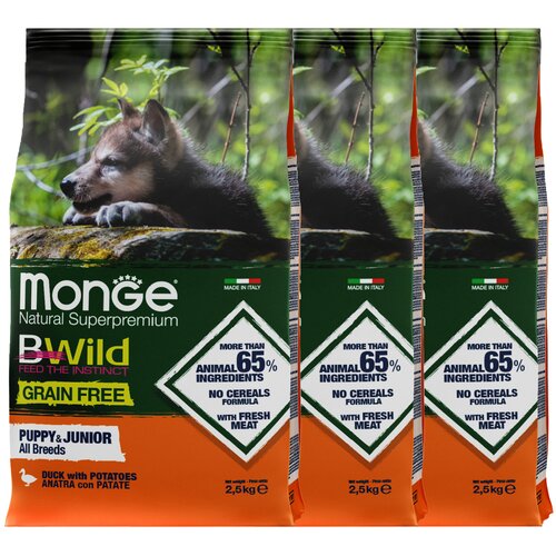 Сухой корм для щенков Monge BWILD Feed the Instinct, утка, с картофелем 1 уп. х 3 шт. х 2.5 кг сухой корм для щенков monge bwild feed the instinct утка с картофелем 1 уп х 1 шт х 2 5 кг