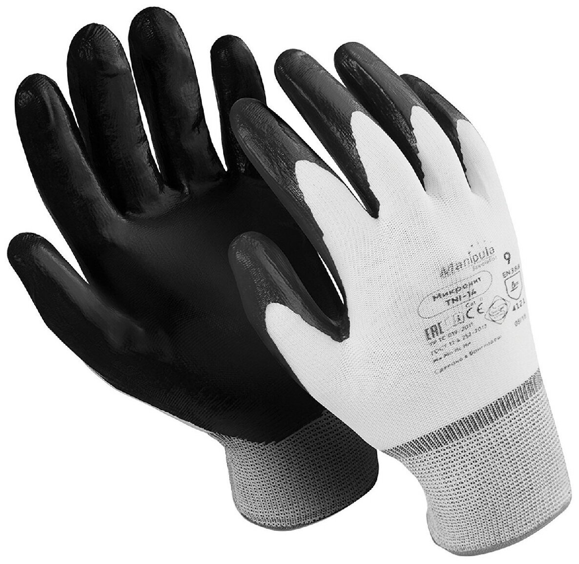 Перчатки нейлоновые MANIPULA "Микронит", нитриловое покрытие (облив), размер 10 (XL), белые/черные, TNI-14