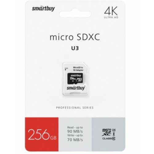 MicroSDXC 256GB Smart Buy Class 10 Pro UHS-I U3 (70/90 Mb/s) + SD адаптер smart buy micro sdxc 64gb class10 pro u3 r w 90 70 mb s с адаптером sd