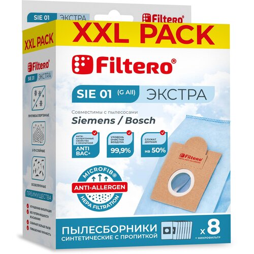 Filtero Мешки-пылесборники Filtero SIE 01 XXL Pack Экстра, для пылесосов Bosch, Siemens, синтетические, 8 штук+ фильтр, голубой, 9 шт. filtero мешки пылесборники fls 01 xxl pack экстра 8 шт